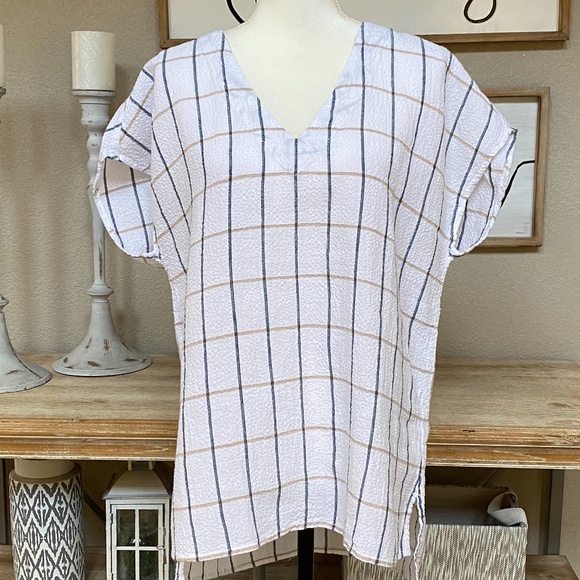 NWT Tahari Linen Windowpane V-Neck Top Size Small - Picture 2 of 8
